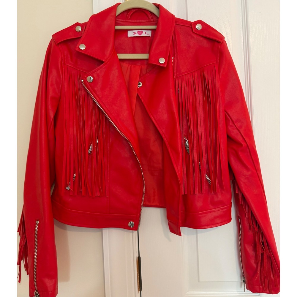 Buddy Love Francesca Red Faux Leather Fringe Moto Jacket Small CG4078 Western